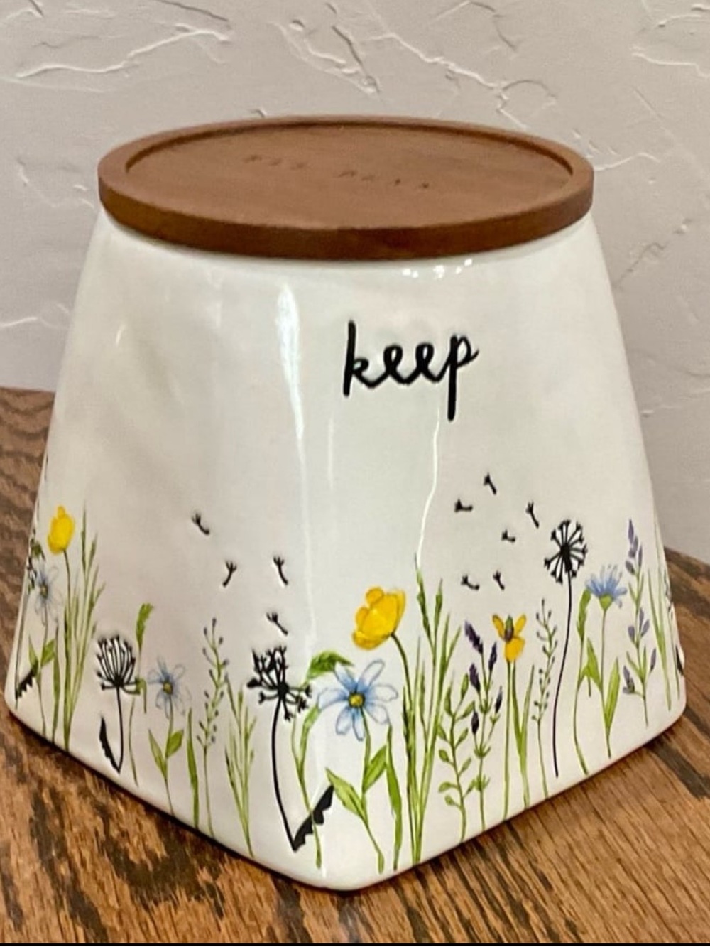 “Keep” Rae Dunn Floral Wildflower Ceramic Jar with Brown Wood Lid, 6” H x 4” D